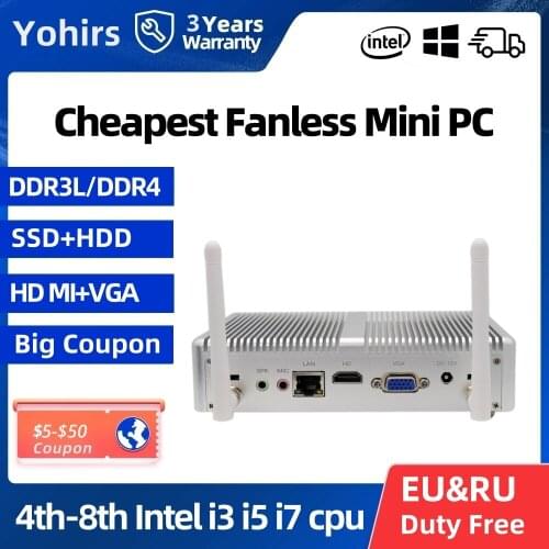 Barebone Mini Computer Intel Core i3 7167U i5 7267U Windows 10 Pro DDR4/DDR3 HDMI VGA 4K HTPC Fanless Mini Pc WIFI For Office