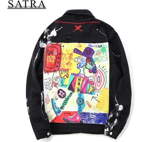 SATRA 2021 New Arrival Hip Hop Graffiti Jeans Jacket Streetwear Men, Mens Trend Punk Cowboy Ripped Distressed Denim Jacket coat