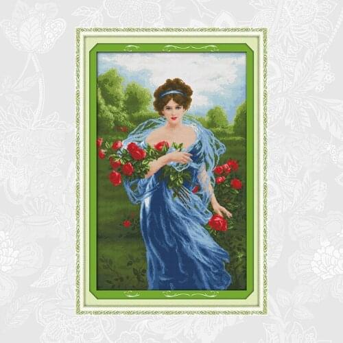 Beauty holding rose 14ct Printed Aida Canvas 11ct Fabric Cross Stitch kits Embroidery Set DIY Handmade Cross-stitch Needlework