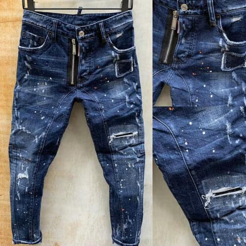 New DSQUARED2 Jeans Men/Women Fashion Ripped Zipper Decoration Slim Stitching Paint Feet Pants T108