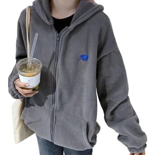 Lamb Wool Clothes Medium Thick Winter Coat Kawaii Hoodies Women Zipper Pocket Loose Sweatshirts Anime Cute Embroidery Harajuku