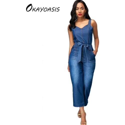 OKAYOASIS Free Shipping 2018 Women Blue Tie Waist Denim Jumpsuits Spaghetti Stapless Female Elegant Casual Jeans Jumpsuits