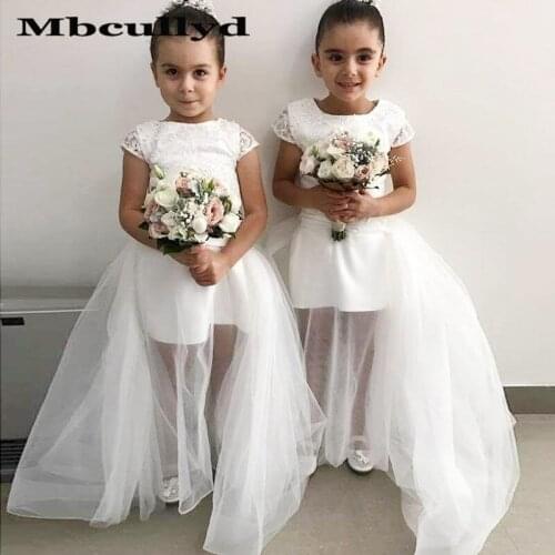 Mbcullyd Scoop Neck Flower Girl Dresses For Weddings 2020 Lace Applique primera Comunion With Detachable Train Girls Party Gowns