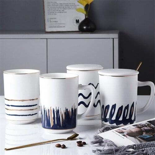 Nordic Ceramic Minimalist Coffee Mug with Lid and Spoon Large Capacity White Porcelain Office Teacup Household Milk Juice Cup