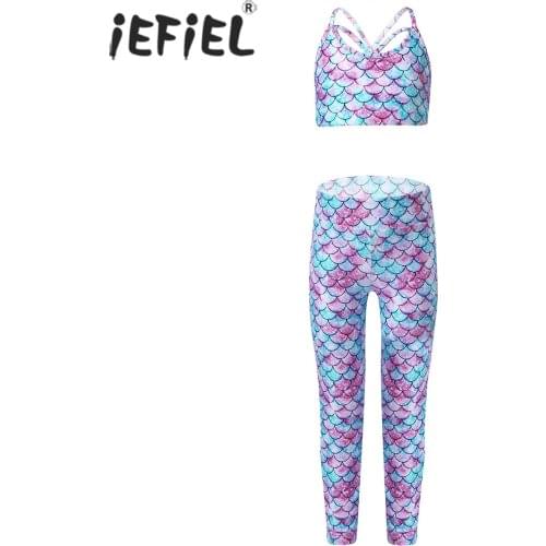 Kids Girls Colorful Print Sport Suit Sleeveless Sports Bra Top High Waist Wide Elastic Waistband Leggings Pants Set for Running