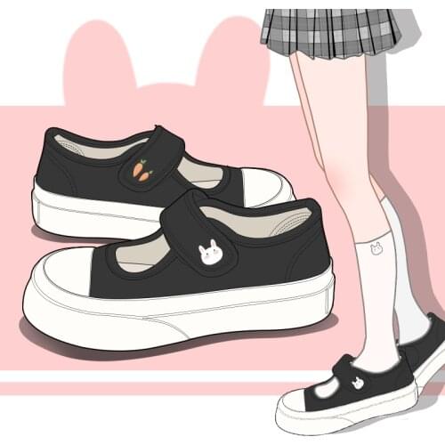 Amy and Michael Thick Soled Platform Breathable Canvas Shoes Kawaii Cute Girls Students Hook Loop Black Woman Vulcanize Shoes