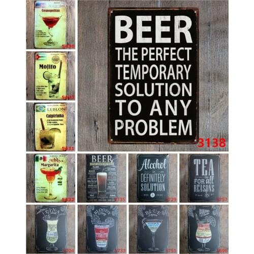 Vintage Metal Tin Sign Beer The Perfect Solution To Any Problem Mojito Cocktail Tea Bloody Mary for Bar Decoration Pub Billboard