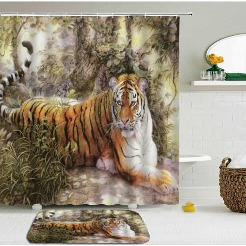 3D Animal Tiger, Funny Cat, Shower Curtain Bath Carpet Set Toilet Cover Bath Mat Cover Bathroom Pendant Curtain 2Pcs / Set