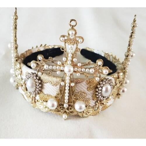 Luxury Baroque Vintage Women Large Gold Color Crystal Full Round Prom Pearl Cross Crown Wedding Pageant Queen Tiara Bridal Hair