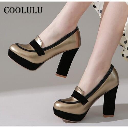 COOLULU 2021 Spring Women Shoes Extreme High Heels Platform Block Heel Dress Pumps Round Toe Female Footwear Black Large Size 48