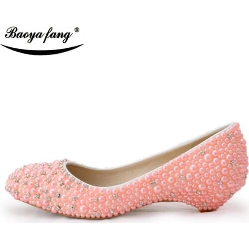 BaoYaFang Pink/cream/Royal blue pearl wedding dress shoes womens 2cm wedges Big size 44 party shoes round toe