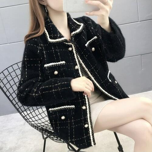 2020 Elegant new womens turn down collar color block wool knitted tweed warm loose plus size coat casacos SMLXL