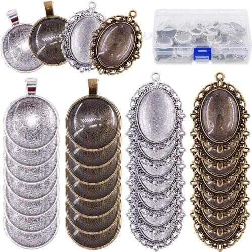 64Pcs Set 16Pcs Oval Pendant Trays and 16Pcs Round Bezels with 32Pcs Glass Cabochon Dome Tiles Crafting DIY Jewelry Making
