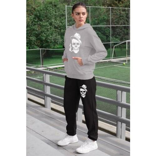 Angemiel Wear Pippolu Hat Skeleton Man Women Tracksuit Set Gray Hooded Sweatshirt Black Sweatpants
