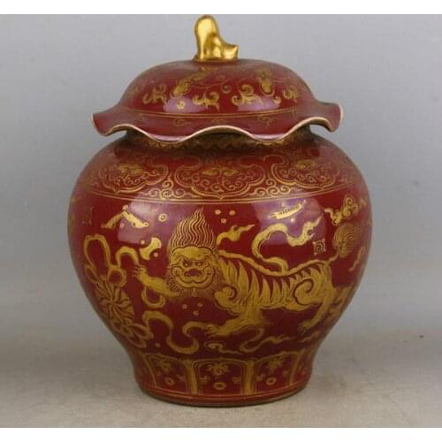Antique Jingdezhen Handmade Porcelain Vase Sacrificial Red Glaze Gold Dragon Ceramic Art Gar