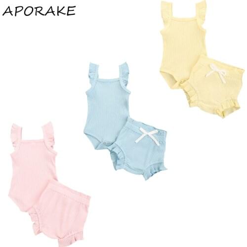 2021 0-18M Baby Girl Clothing Tops Square Neck Short Ruffle Sleeve Romper+Bow High Waist Loose Flouncing Summer Shorts Solid Set