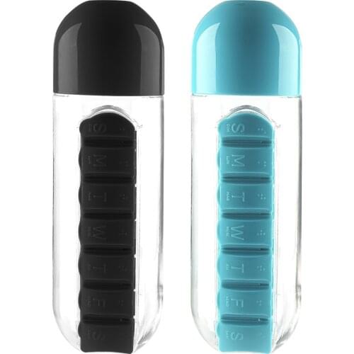 Pill Box Outdoor Travel Water Bottle Built-in 7 Compartments Medical Organizer With Drinking Bottle Old Man Portable Tablet Conv