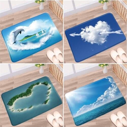 Blue Ocean Scenery Bath Mats Dolphin Sky Love Heart Island Beach Pattern Non-slip Rugs Flannel Bathroom Kitchen Entrance Carpet
