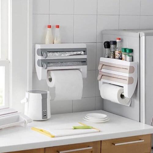 Kitchen Wall-mounted Paper Towel Holder Multi-function Cling Film Cutting Holder Sauce Spice Bottle Storage Rack Kitchen Shelf