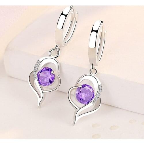2021 Hot Luxury Purple Zircon Heart Dangle Earrings For Women Trendy Silver Color Female Drop Jewelry Birthstone Party Gifts