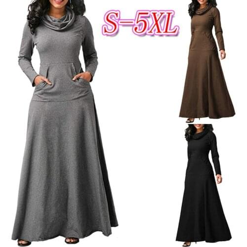 Autumn Loose Large Cotton Scarf Collar Long Sleeves Winter Solid Color Pockets Office Dress Gray Black Maxi Ankle-Length Dress
