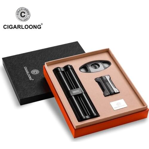 Carbon fiber cigar cutter Cigarette Windproof Lighter Torch Jet butane gas Cigar Lighters tube case Gift Set CQ-B1001