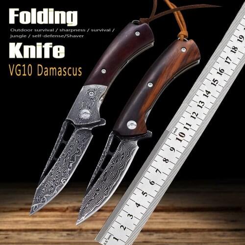 VG10 Damascus Steel Pocket Folding Knife Outdoor Jungle Lifesaving Knife EDC Hiking Wooden Handle Steel High Hardness Knife