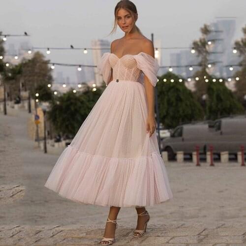 Modest Short Prom Dresses 2021 Off Shoulder Dots Tulle Princess Homecoming Dress Pink Evening Formal Party Gowns Abendkleider