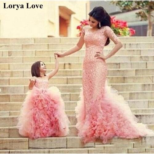 Pink Mother And Daughter Evening Dresses For Wedding 2020 Women Formal Party Night Mermaid Prom Dess Long Sleeves Robe De Gala