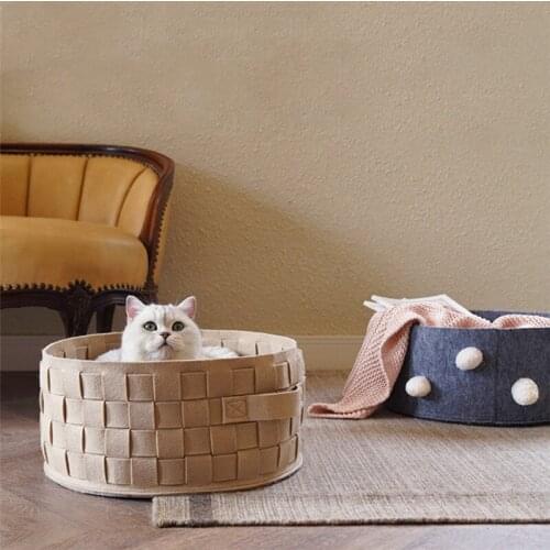 Nordic Universal Round Cat Bed Woven Basket Nest Cotton Rope Warm Pet Sleeping Puppy Bed House Felt Kennel Mat Pad for Dogs
