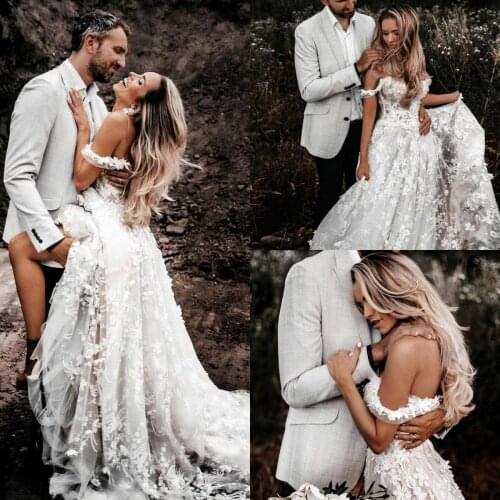 Bohemian A Line Wedding Dresses Lace Appliques Off Shoulder Tulle Bridal Gowns Country Style Sexy vestido de novia