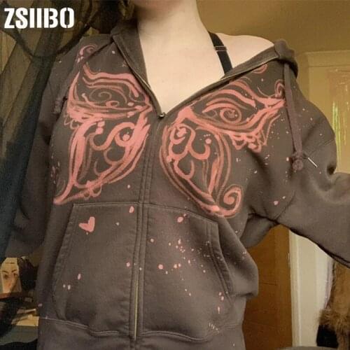 Zip-Up Women Butterfly Print Hoodies Print Coats Ladies Streetwear Hoodie Gothic Vintage Harajuku gothic Grunge Clothes y2k tops