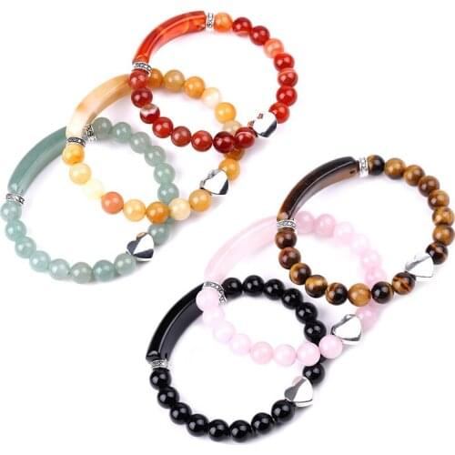 Heart Natural Stone Strand Bracelet Rectangle Bar Healing Quartz Aventurine Tigereye Red Agates Pink Crystal Bracelet for Women