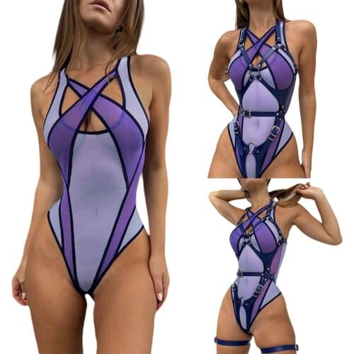Women 2021 Fashion Color Block Patchwork Swimsuit Sexy Sleeveless Mesh See-throug Suits Slim Bodysuit Swimwear