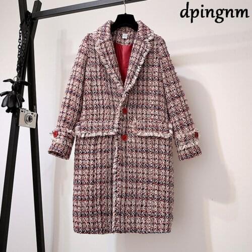 Elegant plaid women tweed coat Buttons pockets autumn winter female blend coats V neck office ladies warm long overcoats