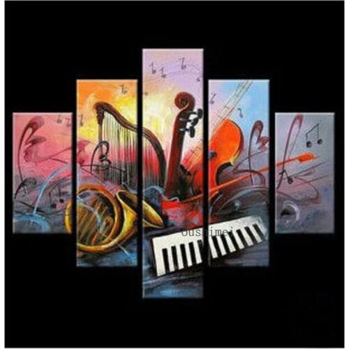 100% Hand Painted Hand Painted 5 Piece Oil Painting On Canvas Wall Art Musical Instruments Picture For Living Room