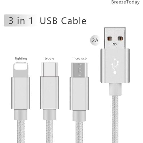 3 In 1 USB Cable Fast Charging Cable Nylon Data Cable Durable Connector For iPhone 6 7 6S Huawei P30 Mate 30 Oneplus 8 Xiaomi 10