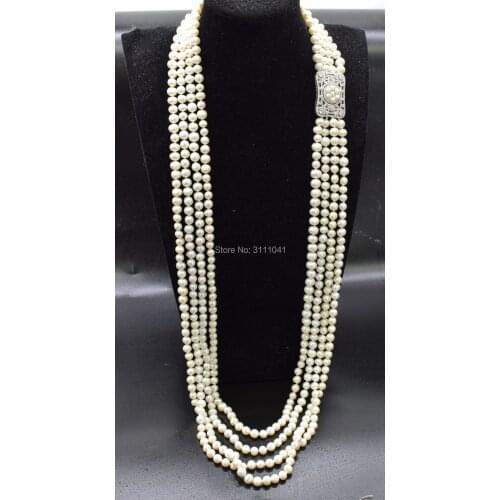 4rows freshwater pearl white near round 7-8mm long necklace 35-40inch FPPJ wholesale beads nature