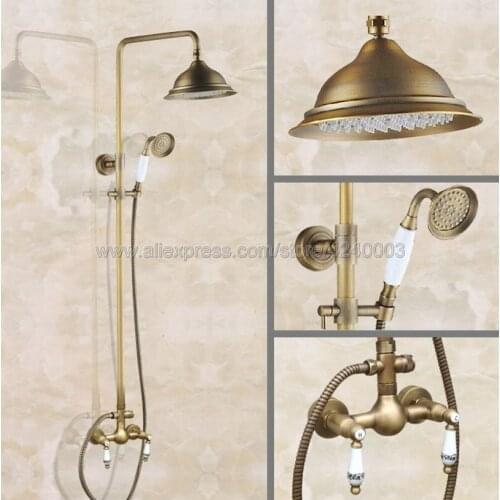 Antique Brass Shower Faucet 8" Rainfall Shower Head Dual Handles with Handshower Kan106