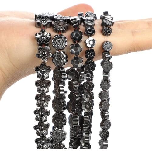 Flat Flower Shape Black Hematite Natural Stone Beads Loose Spacer Beads for Jewelry Making Needlework DIY Bracelets Accessories