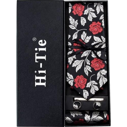 Floral Ties for Men Silk Red Neck Tie Fashion Tie Set Handerchief Cufflinks 8.5cm Tie for Suit Wedding Hi-Tie Dropshopping C-348