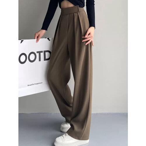 HOUZHOU Brown Wide Leg Womens Classic Suit Pants Vintage Palazzo Office Elegant Casual Balck Trousers Female High Wasit Pants