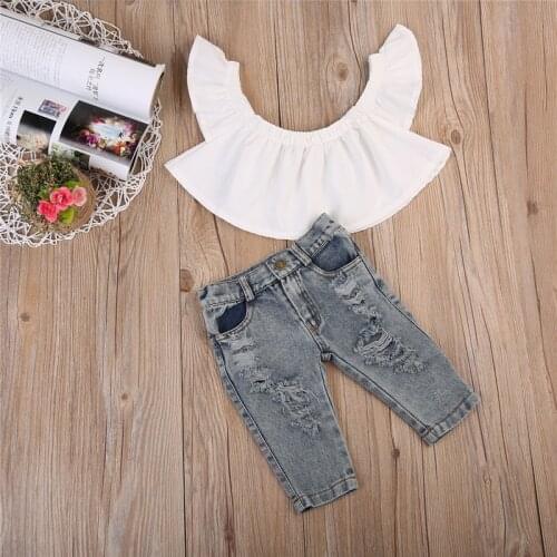 2pcs Fashion Kids Baby Girl Clothes Set Infant Children Off Shoulder Tops Vest Denim Pants Jeans Outfits Clothing