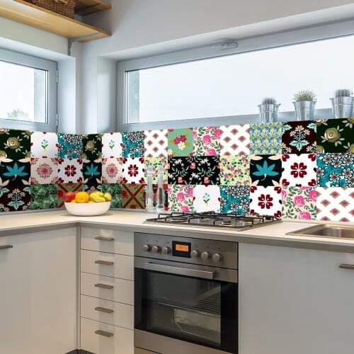 Colorful Flowers Pattern Strip Ceramic Tiles Wall Sticker Bathroom Kitchen Washbasin Decoration Wall Decals Waterproof Art Mural