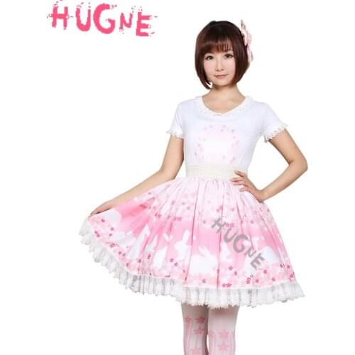 Sweet pink lace lolita Skirt cherry Blossoms and cat printed SK trimed cute fashion japanese elastic