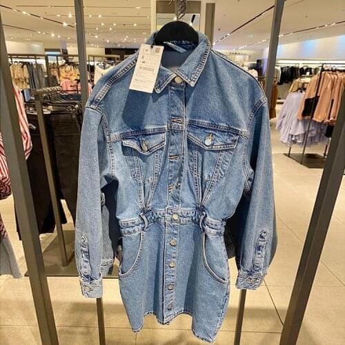 2021 Designer Luxury Denim Light Blue Long Sleeve Mini Short Dress for Woman Spring Summer Female Harajuku Clothing Streetwear