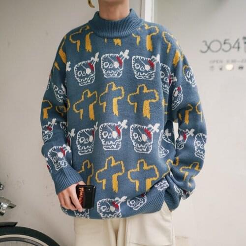 Mens Winter Knitted Sweater and Skull and Cross Pattern Turtleneck Pullovers for Men Fashion Clothing Oversized Streetwear Homme