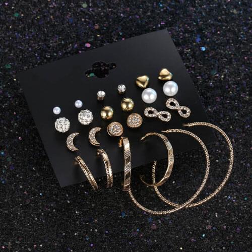 12 Pairs/set 2018 Trendy Female Rhinestone Crystal Stud Earrings For Women Gold Circle Earring Set Mix Punk Style Girls Jewelry