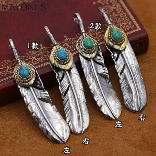 Real 925 Sterling Silver Jewelry Fashion Feather Charms Stone Punk Pendant Thai Silver Necklace Chain New Popular Fine Gift