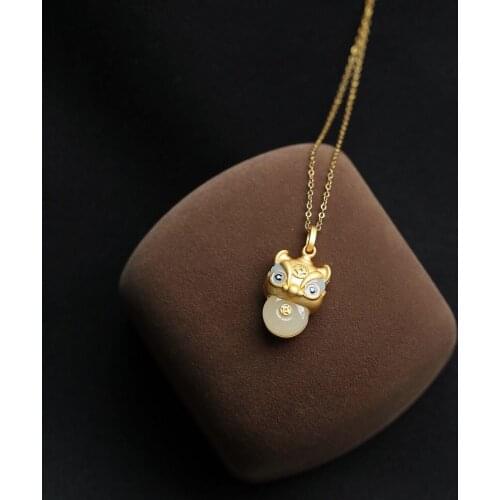Original Craft Design Hetian Jade Chinese Style Small Tiger Head Pendant S925 Silver Gilding Inlaid Peace Buckle Necklace